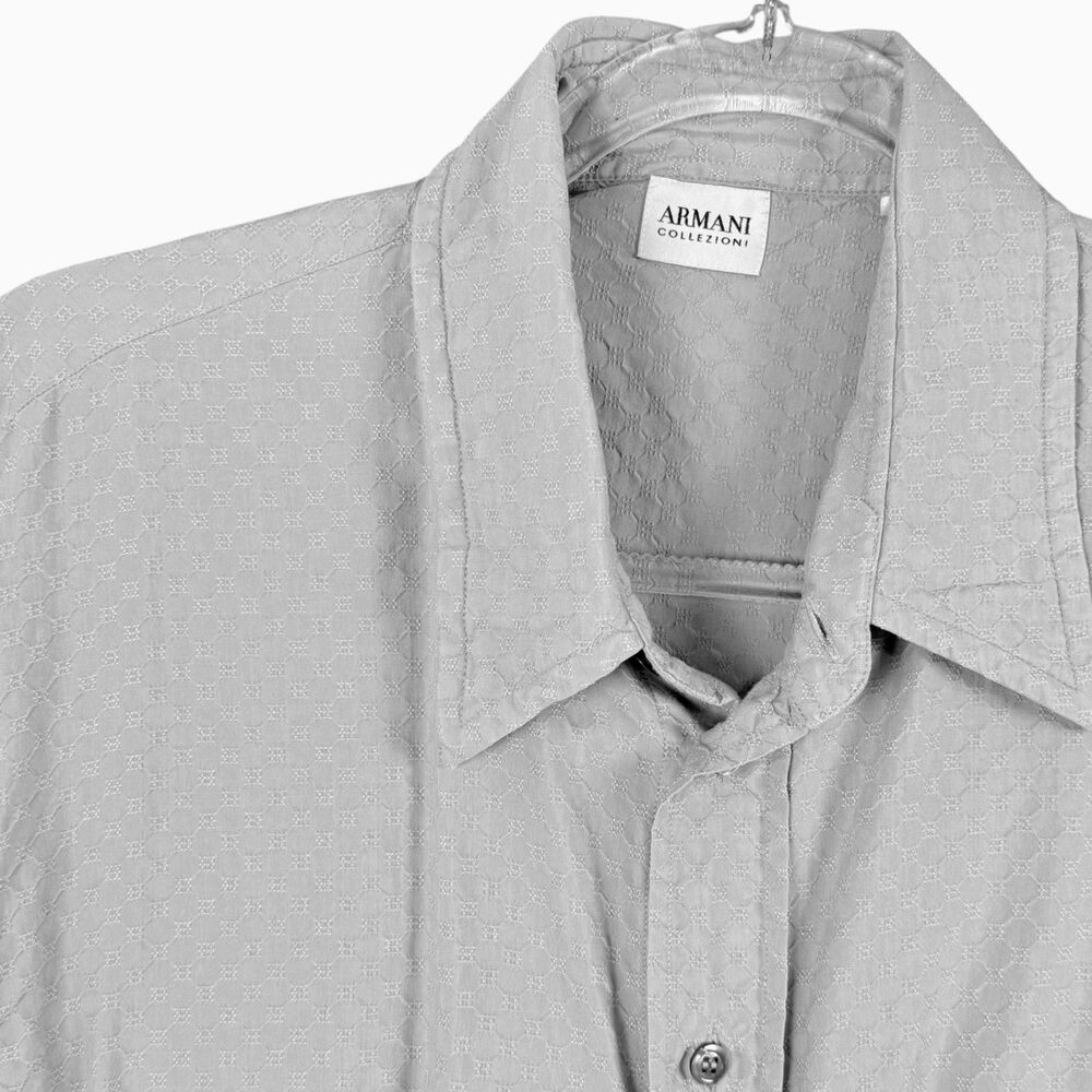 Armani Collezioni XL Men Long Sleeve Textured Button Up Shirt Gray Micro Squares